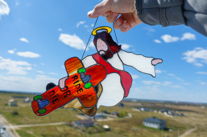 Jesus Skater Handmade Stained Glass Suncatcher — Funny Window Art Gift