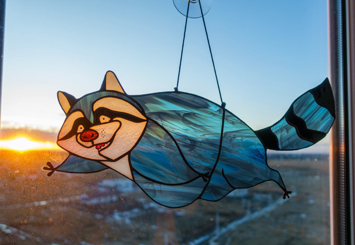 Stained Glass Raccoon Suncatcher — Trash Panda Heist Mode, Funny Meme Window Hanging, Quirky Gift