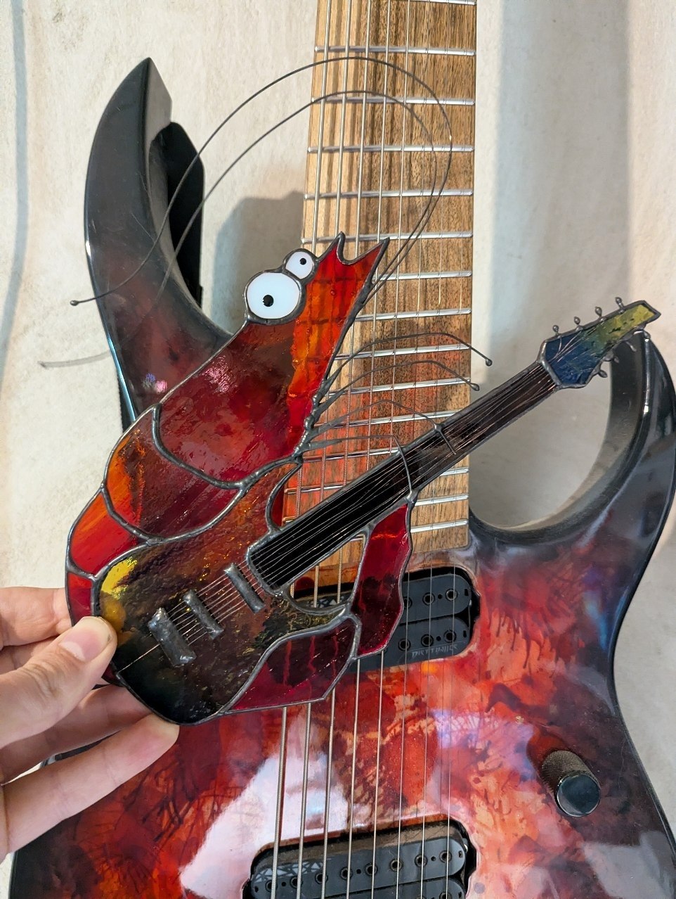 Djent Shrimp Stained Glass Suncatcher — Metal Guitar Meme Window Art, Musician Weird Funny Gift