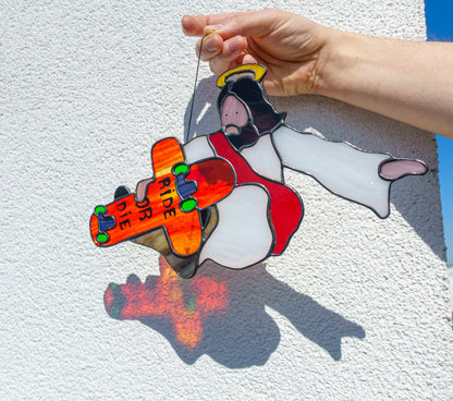 Jesus Skater Stained Glass Suncatcher — Indie Grab Trick Window Art, Funny Skate Gift