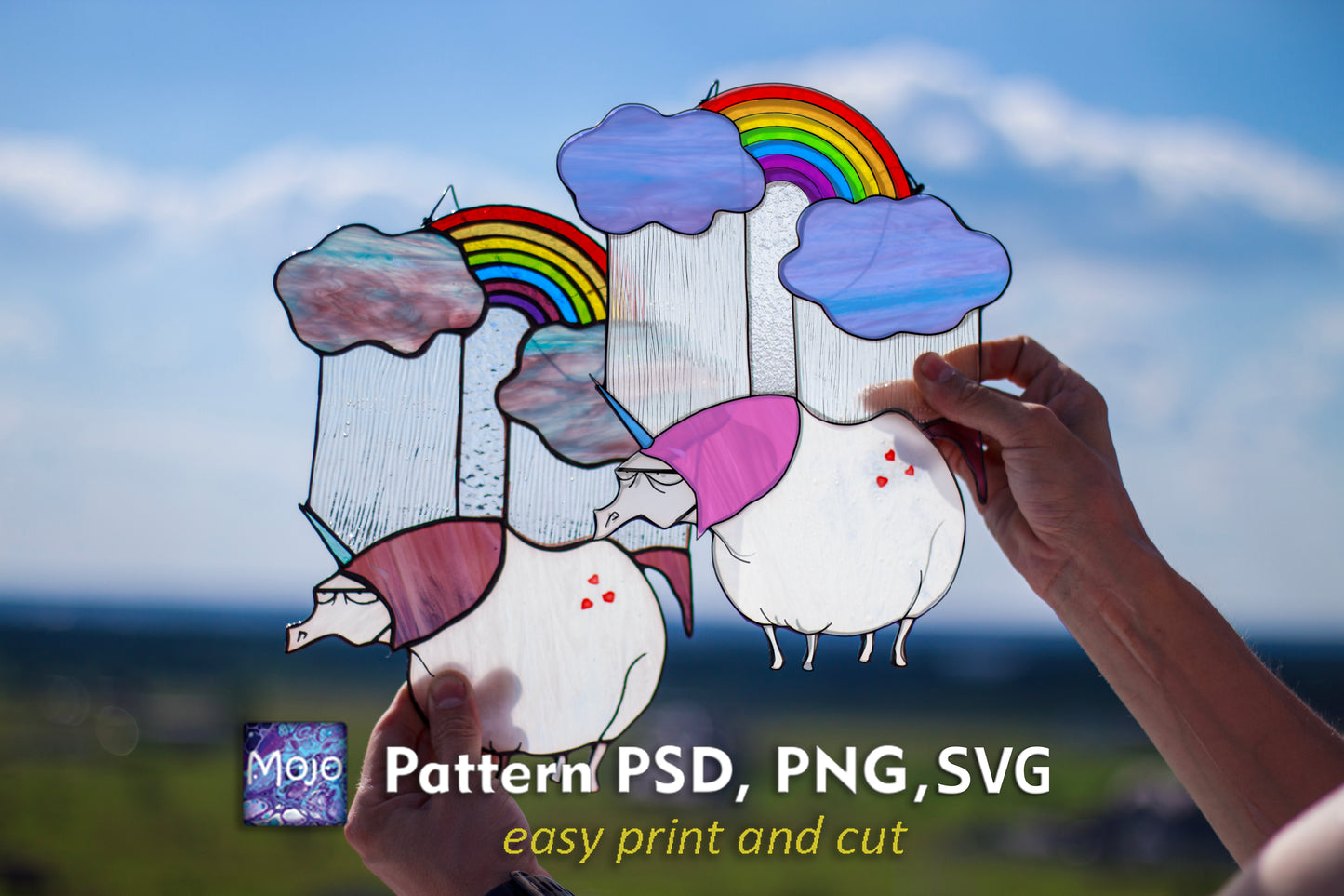 Sad Unicorn Stained Glass Pattern — Funny Rainbow DIY Suncatcher Template, SVG PSD Download