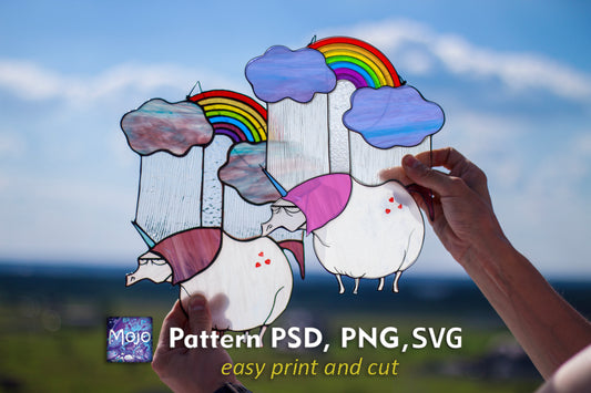 Sad Unicorn Stained Glass Pattern — Funny Rainbow DIY Suncatcher Template, SVG PSD Download