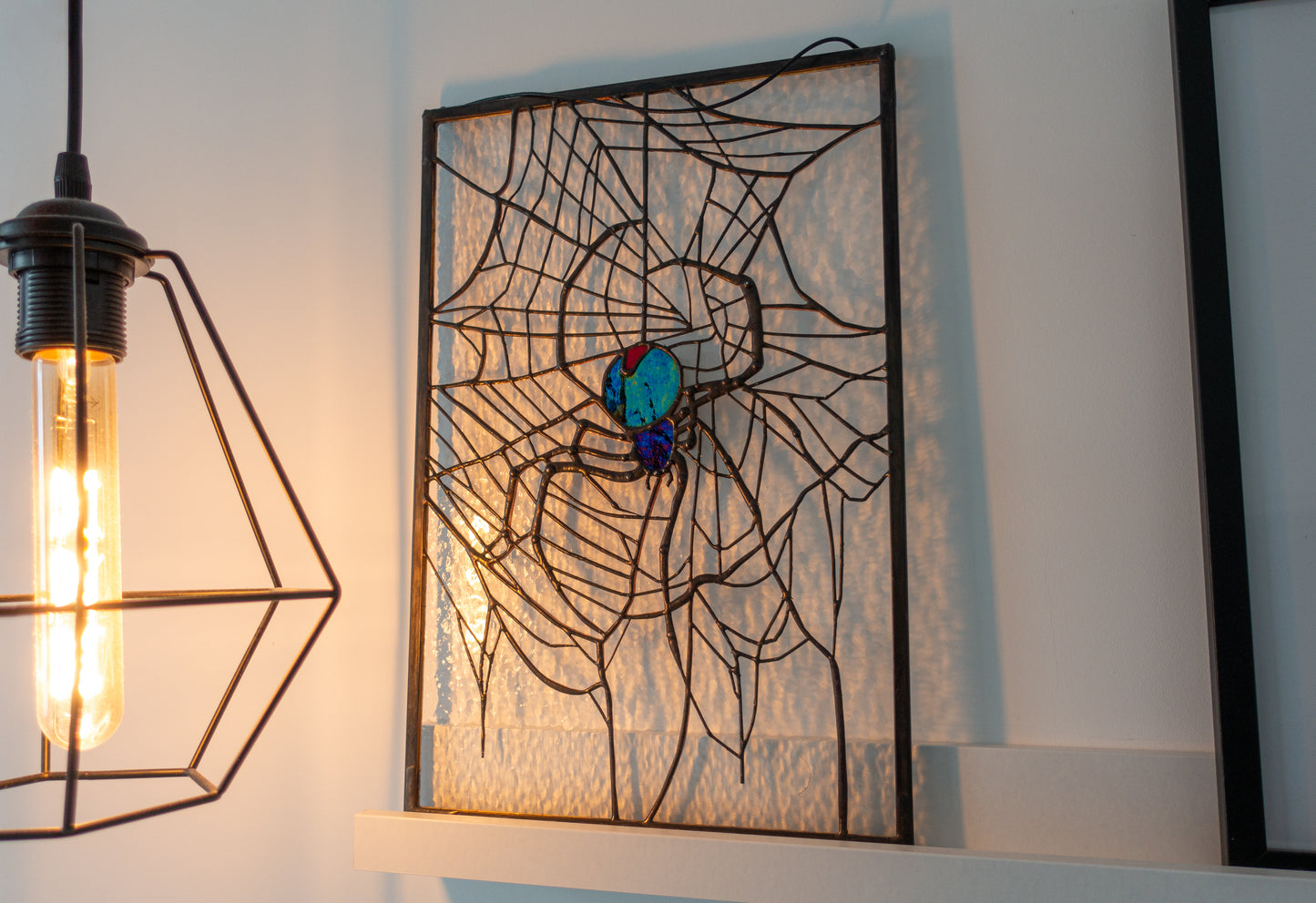 Spider on Web Stained Glass Panel — Gothic Arachnid Window Art, Halloween Witch Spooky Gift