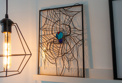 Spider on Web Stained Glass Panel — Gothic Arachnid Window Art, Halloween Witch Spooky Gift