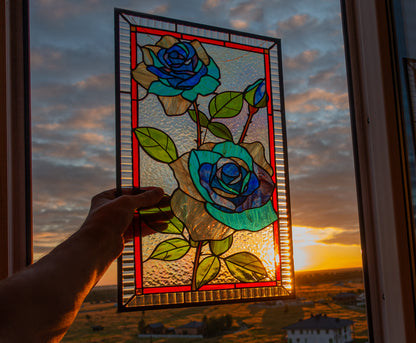 Blue Moon Rose Stained Glass Window Panel | Handmade Floral Suncatcher | Home Decor from Ukraine