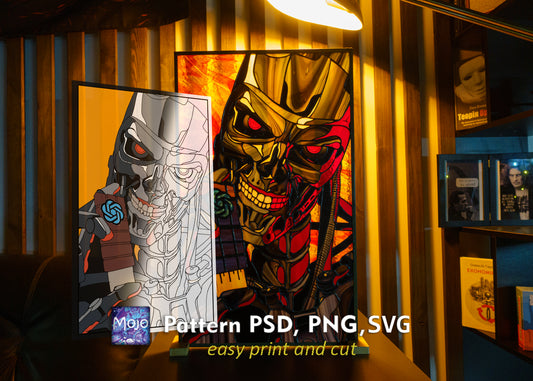 Cyborg Warrior Stained Glass Pattern — Sci-Fi Robot Skull DIY Suncatcher Template, svg psd Download