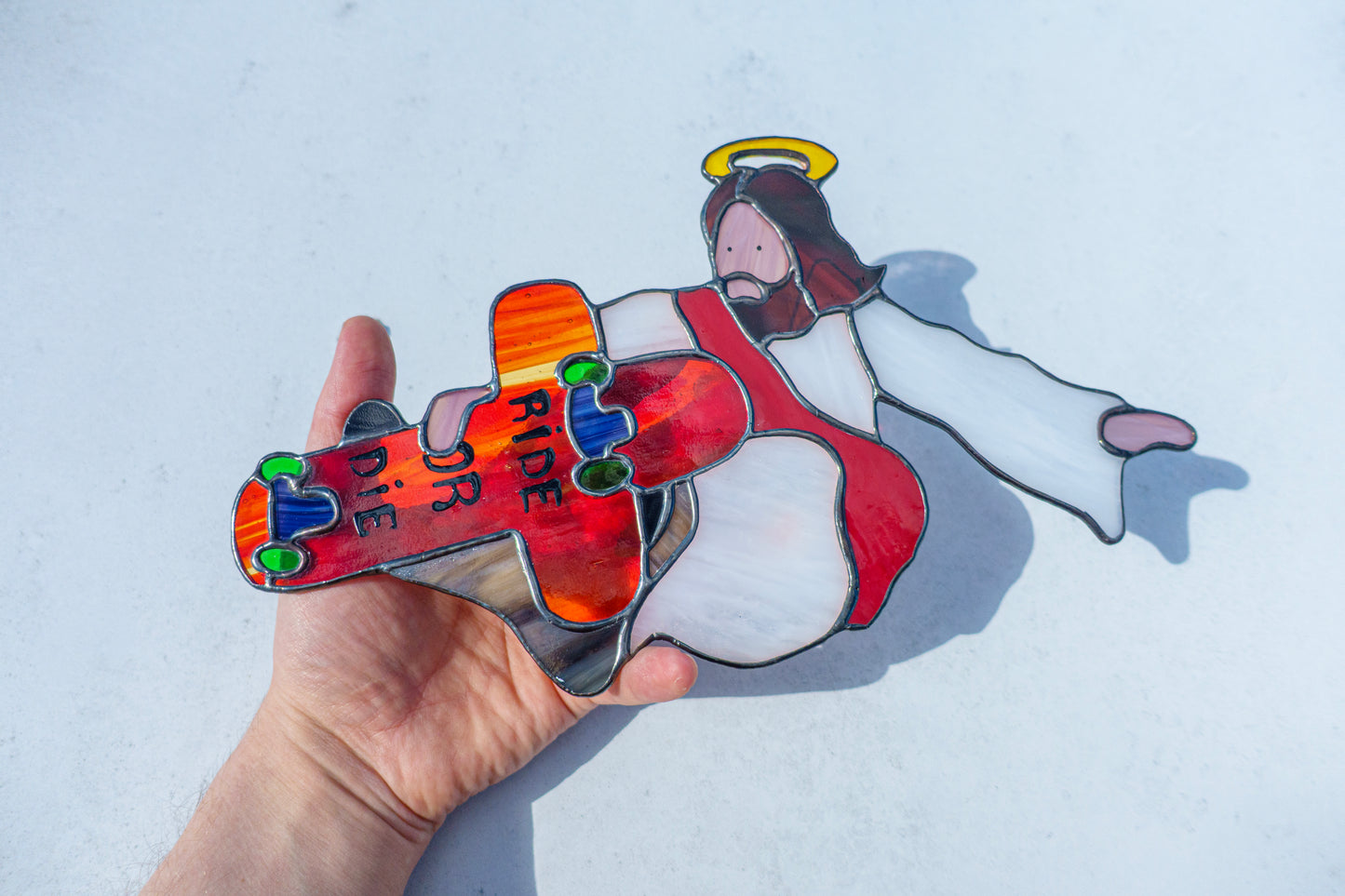 Jesus Skater Stained Glass Suncatcher — Indie Grab Trick Window Art, Funny Skate Gift