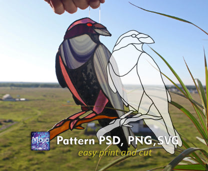 Raven Crow Stained Glass Pattern — Gothic DIY Suncatcher Window Panel Template, svg psd Download