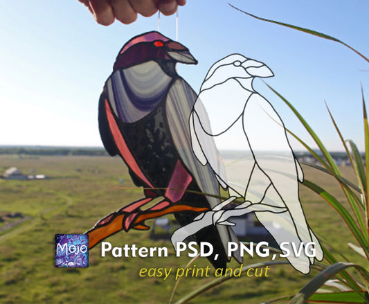 Raven Crow Stained Glass Pattern — Gothic DIY Suncatcher Window Panel Template, svg psd Download