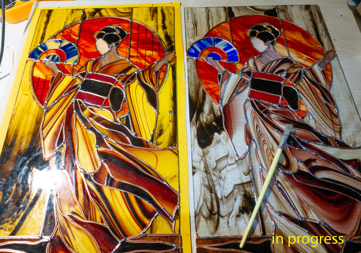 Stained Glass Panel — Geisha Japanese Kimono Wall Art, Oriental Window Hanging, Luxury Asian Gift