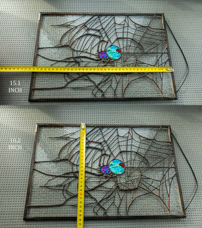 Spider on Web Stained Glass Panel — Gothic Arachnid Window Art, Halloween Witch Spooky Gift