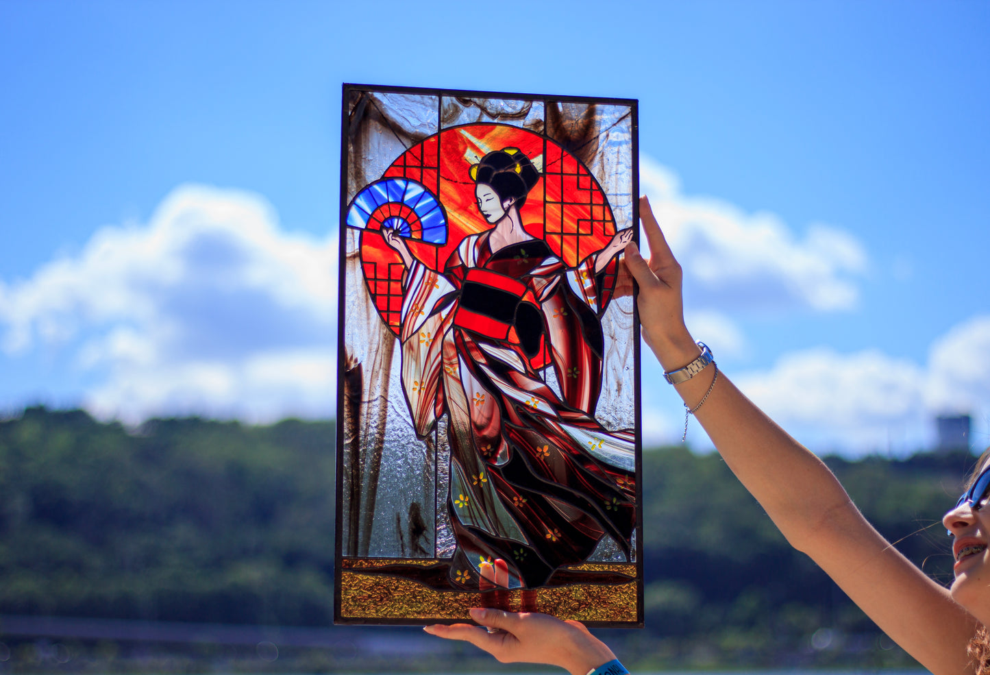 Stained Glass Panel — Geisha Japanese Kimono Wall Art, Oriental Window Hanging, Luxury Asian Gift