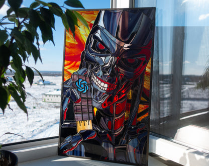 Cyborg Warrior Stained Glass Panel — Sci-Fi Metal Skull, Cyberpunk Large Window Art Gift Him