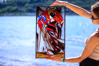 Stained Glass Panel — Geisha Japanese Kimono Wall Art, Oriental Window Hanging, Luxury Asian Gift