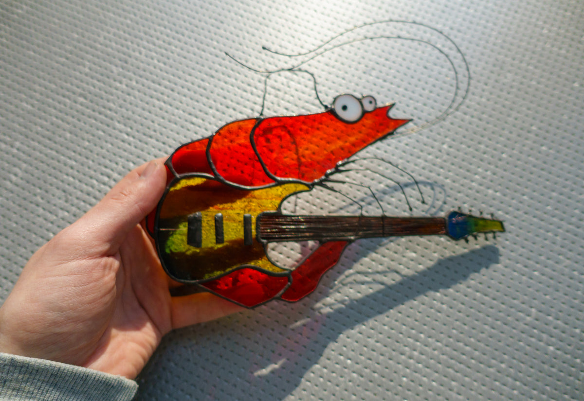 Djent Shrimp Stained Glass Suncatcher — Metal Guitar Meme Window Art, Musician Weird Funny Gift