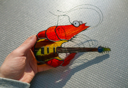 Djent Shrimp Stained Glass Suncatcher — Metal Guitar Meme Window Art, Musician Weird Funny Gift