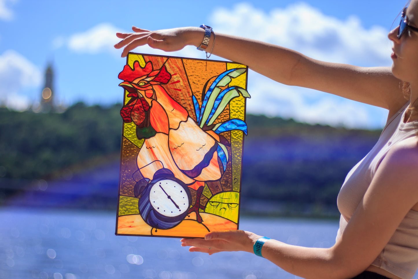 Stained Glass Panel — Funny Rooster Wakes the Sun, Farmhouse Kitchen Decor, Morning Person Gift