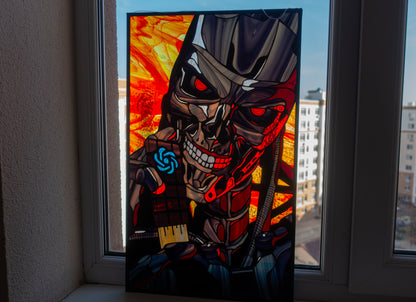 Cyborg Warrior Stained Glass Panel — Sci-Fi Metal Skull, Cyberpunk Large Window Art Gift Him