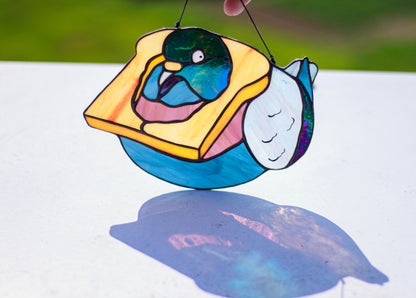 Bread Pigeon Stained Glass Suncatcher — Funny Derpy Bird Meme, Quirky Window Art, Meme Gift