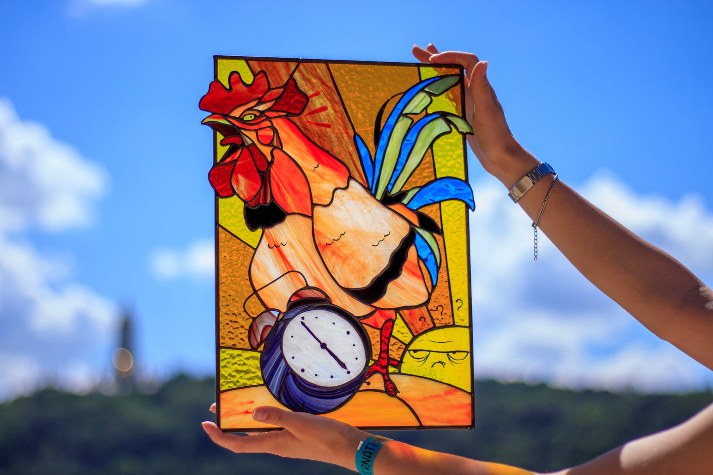 Stained Glass Panel — Funny Rooster Wakes the Sun, Farmhouse Kitchen Decor, Morning Person Gift
