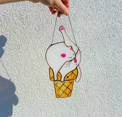 Cat Ice Cream Suncatcher — Funny Stained Glass Window Decor, Quirky Cat Gift