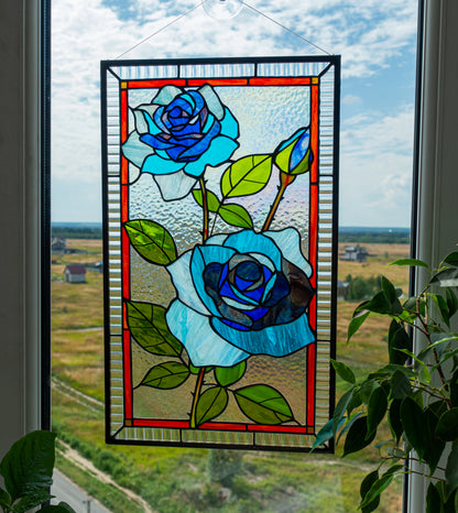 Blue Moon Rose Stained Glass Window Panel | Handmade Floral Suncatcher | Home Decor from Ukraine