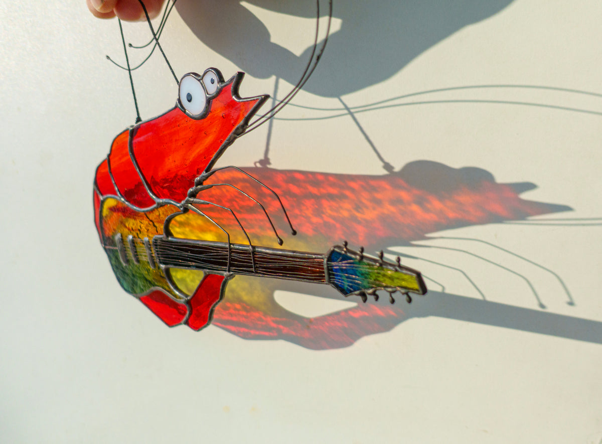 Djent Shrimp Stained Glass Suncatcher — Metal Guitar Meme Window Art, Musician Weird Funny Gift