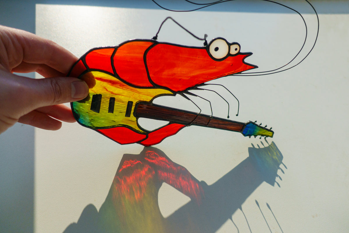 Djent Shrimp Stained Glass Suncatcher — Metal Guitar Meme Window Art, Musician Weird Funny Gift