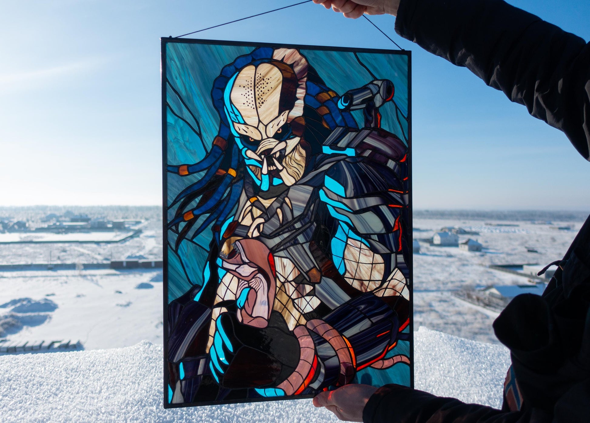 Alien hunter stained glass panel — sci-fi window art handmade home decor