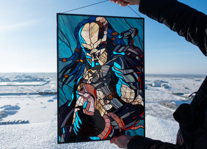 Alien hunter stained glass panel — sci-fi window art handmade home decor
