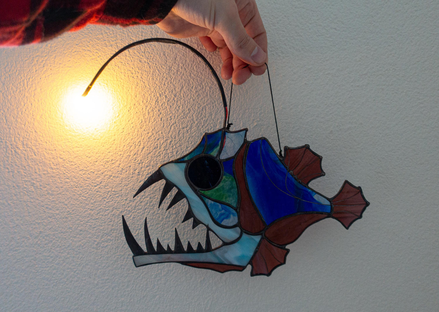 Anglerfish stained glass suncatcher — deep sea horror window art choose your design fish gift