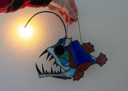 Anglerfish stained glass suncatcher — deep sea horror window art choose your design fish gift