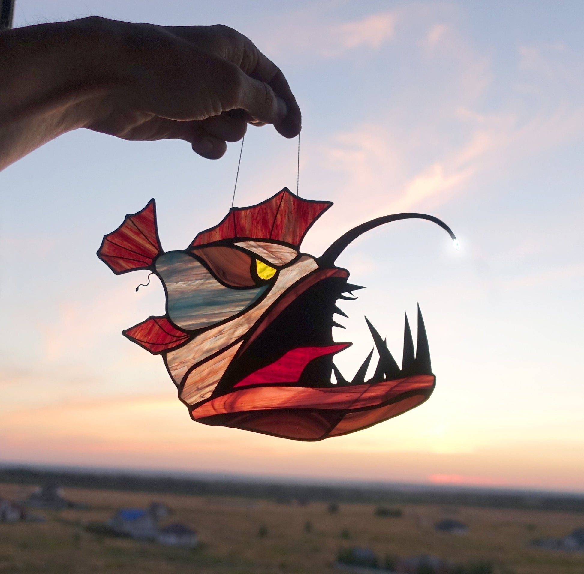 Anglerfish stained glass suncatcher — deep sea night light window art weird ocean horror gift
