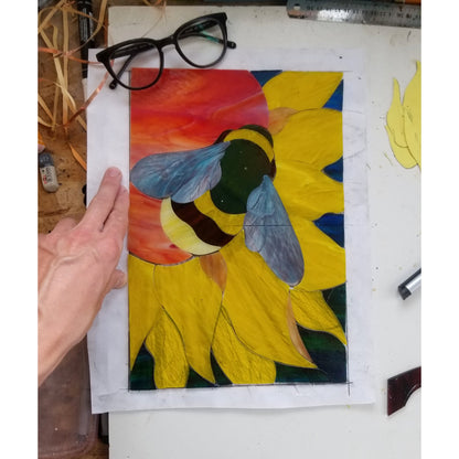 Bee sunflower suncatcher hanging in window — 315×160mm, cottagecore garden home decor
