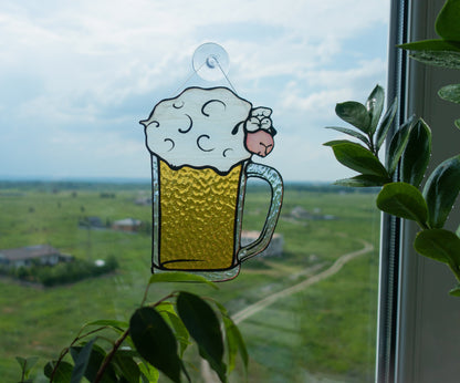 Beer Sheep Foam Stained Glass Suncatcher — funny pub bar window art, Mojoartglass