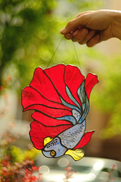 Betta Fish Stained Glass Suncatcher — handmade aquatic window art, Mojoartglass