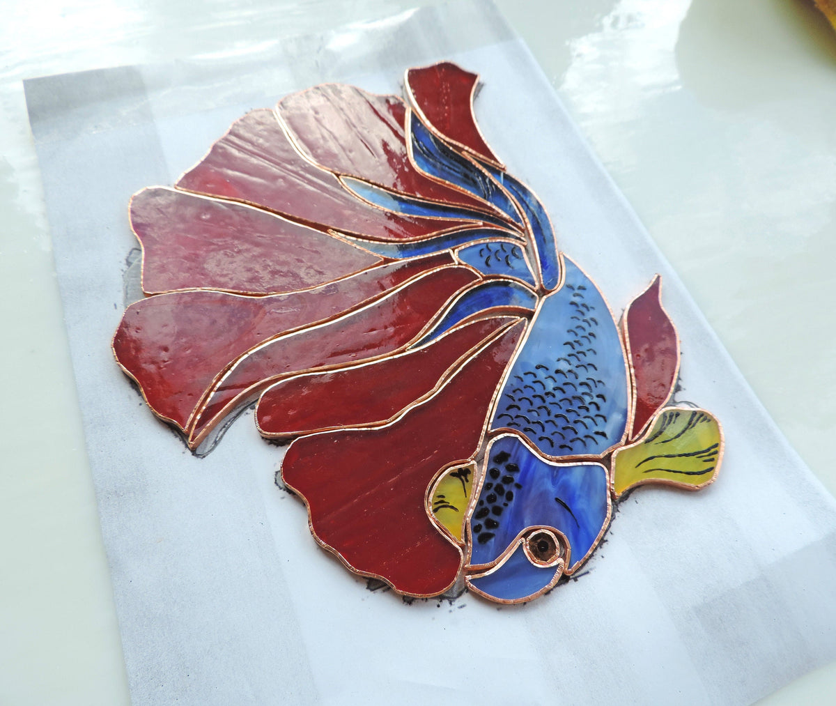Betta fish stained glass suncatcher — aquarist birthday gift, tropical fish decor, handmade in Ukraine