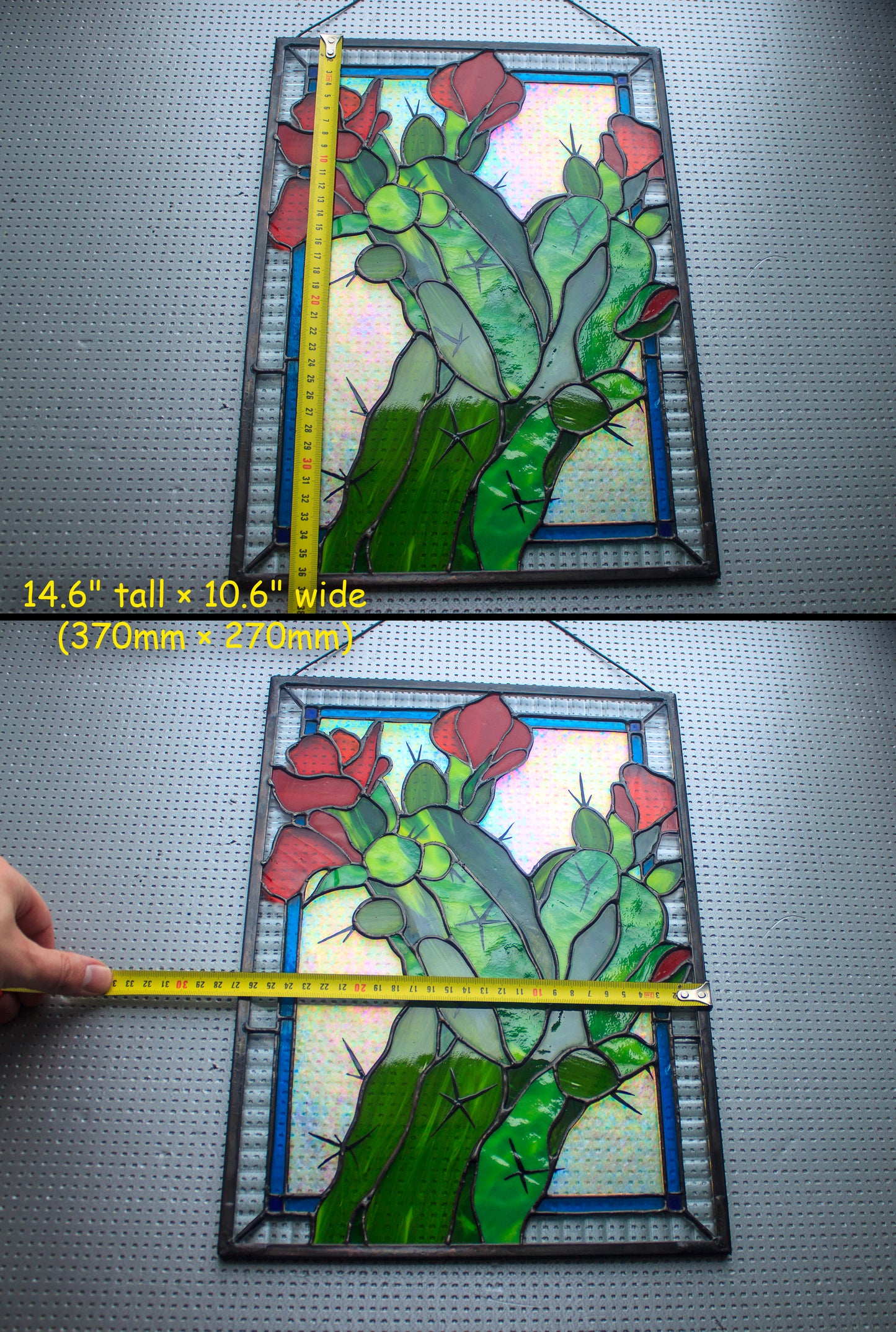 Blooming cactus stained glass panel size reference — 14.6" tall × 10.6" wide (370mm × 270mm), handmade in Ukraine