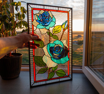 Blue moon rose stained glass window panel — handmade floral suncatcher home decor Ukraine