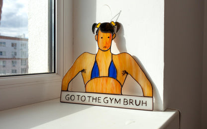 Stained Glass Bodybuilder Suncatcher — handmade 90s gym humor window art, Mojoartglass