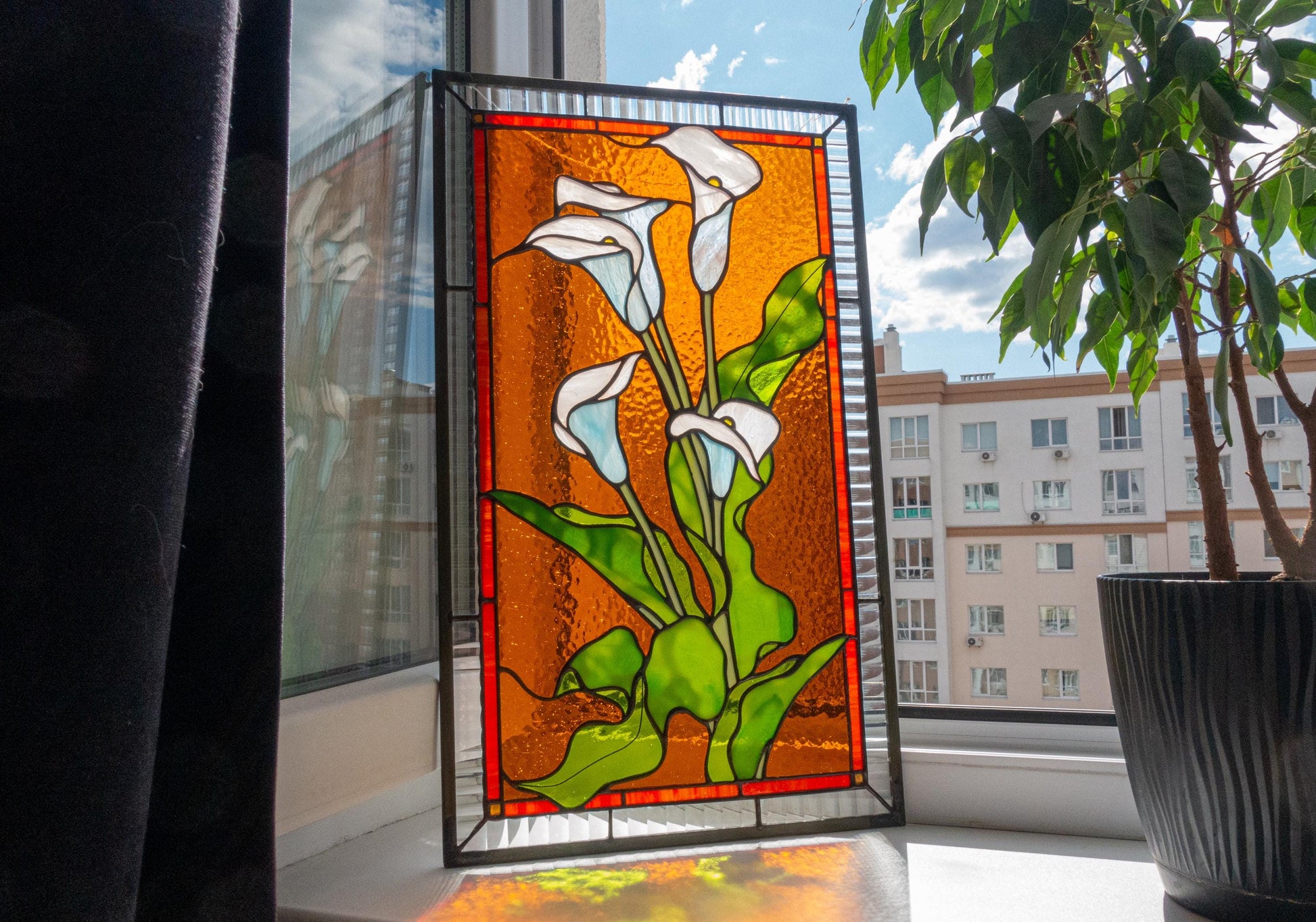 Calla lily stained glass panel — elegant floral window art wedding flower gift for her