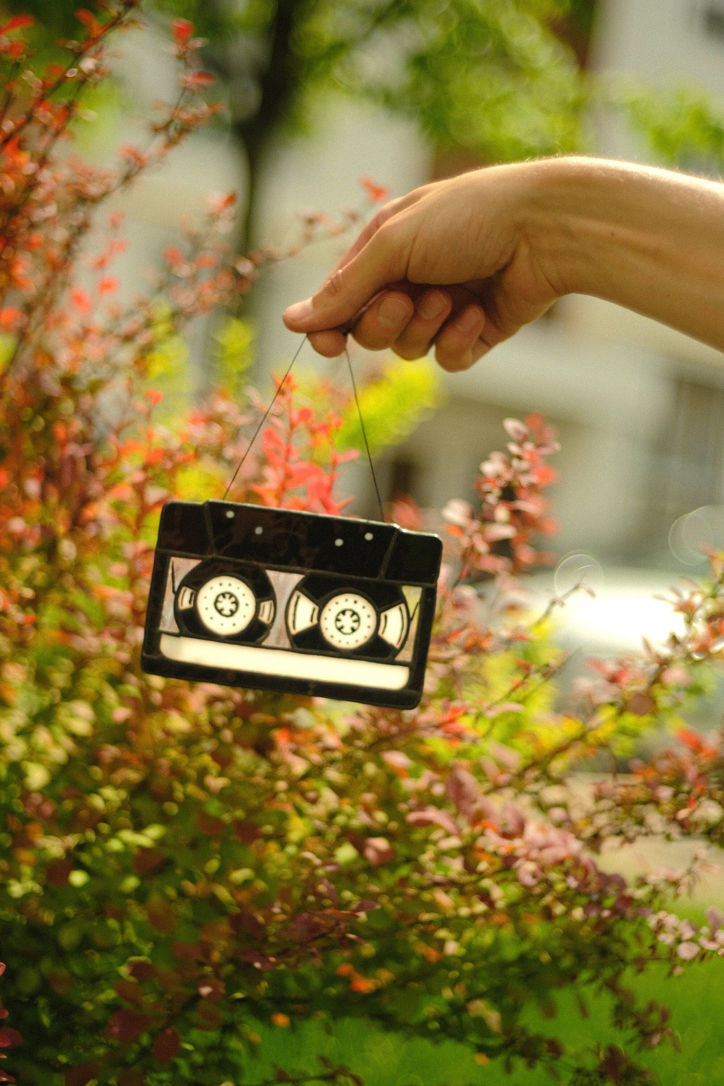 Cassette tape stained glass suncatcher — 90s nostalgia window art music lover retro gift