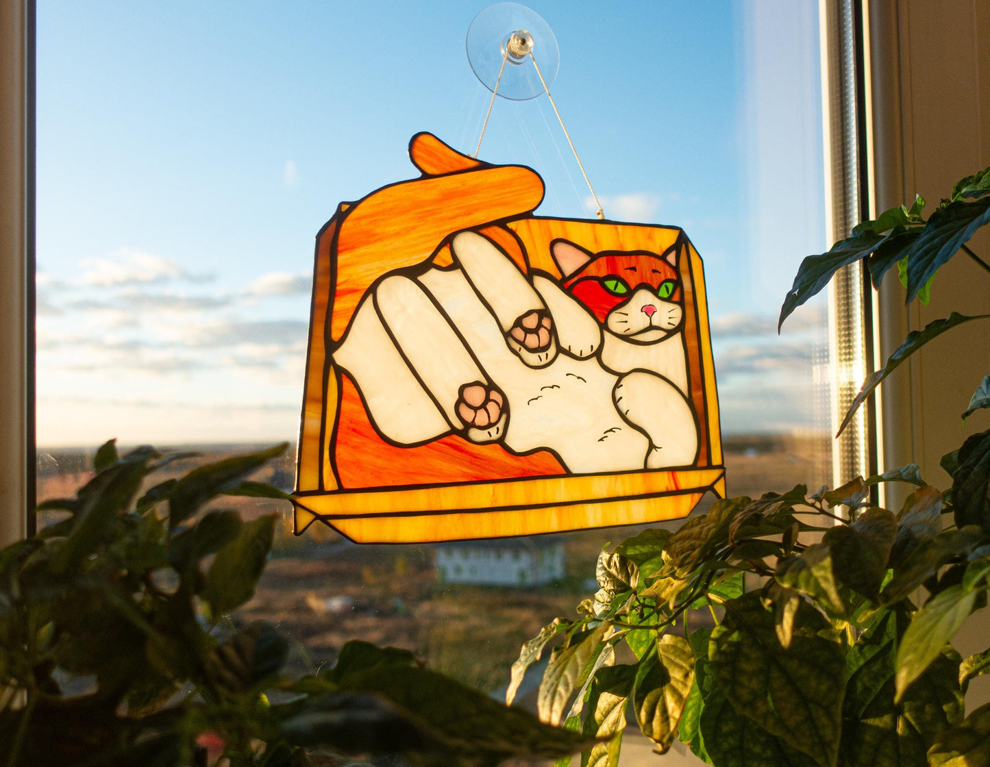 Stained Glass Cat in Box Suncatcher — if it fits I sits meme window art, Mojoartglass