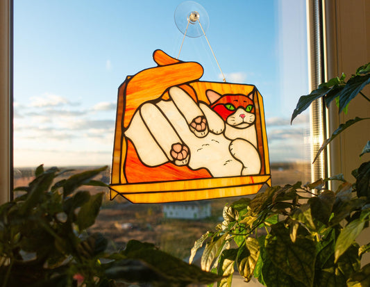 Stained Glass Cat in Box Suncatcher — if it fits I sits meme window art, Mojoartglass