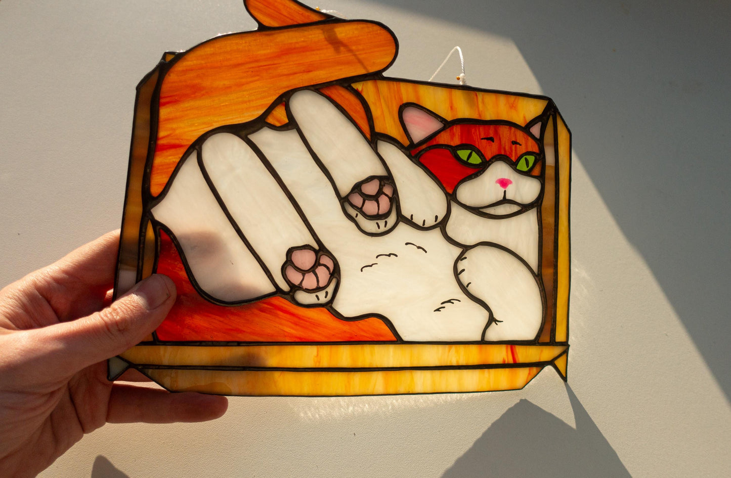 Cat in box suncatcher hanging in window — funny light catcher, unique cat lover gift