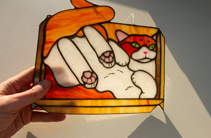 Cat in box suncatcher hanging in window — funny light catcher, unique cat lover gift