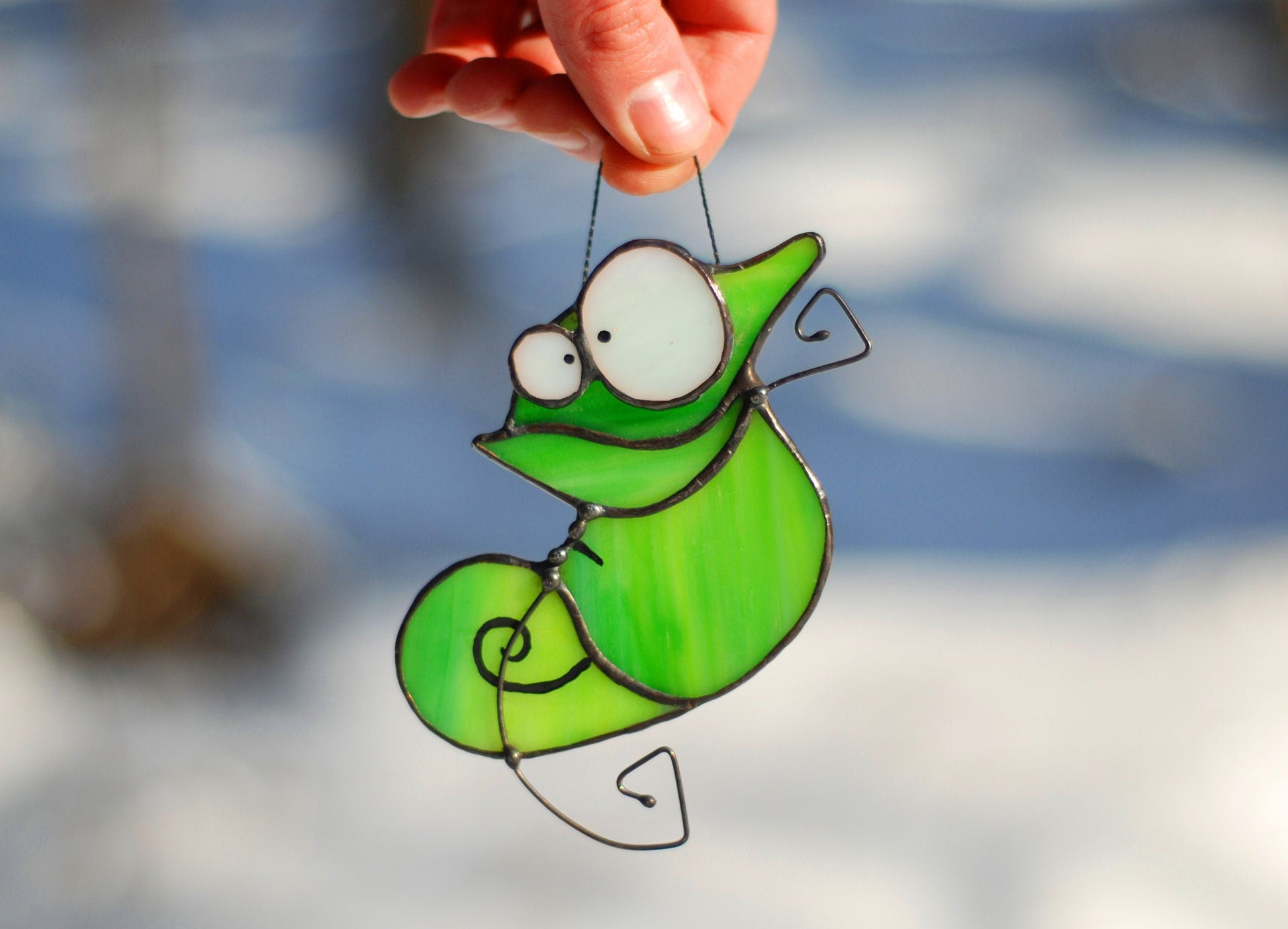 Miniature Stained Glass Chameleon Suncatcher — handmade tiny window charm, Mojoartglass