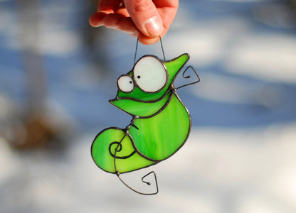 Miniature Stained Glass Chameleon Suncatcher — handmade tiny window charm, Mojoartglass