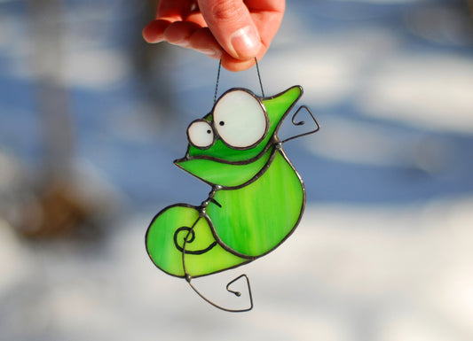 Miniature Stained Glass Chameleon Suncatcher — handmade tiny window charm, Mojoartglass