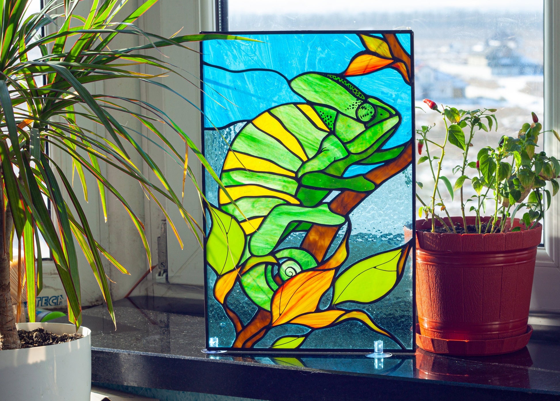Chameleon Stained Glass Panel — handmade tropical reptile window art, Mojoartglass